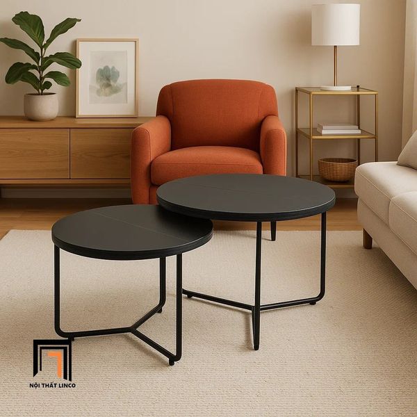 cặp bàn trà mặt đá đen hình tròn, cặp bàn sofa phòng khách giá rẻ cho phòng nhỏ