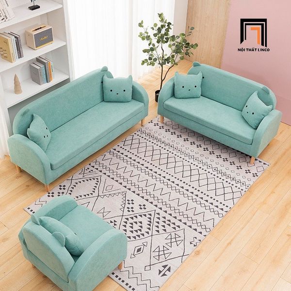 bộ ghế sofa shop tiệm nhỏ gọn, set ghế sofa bọc nỉ màu xanh ngọc