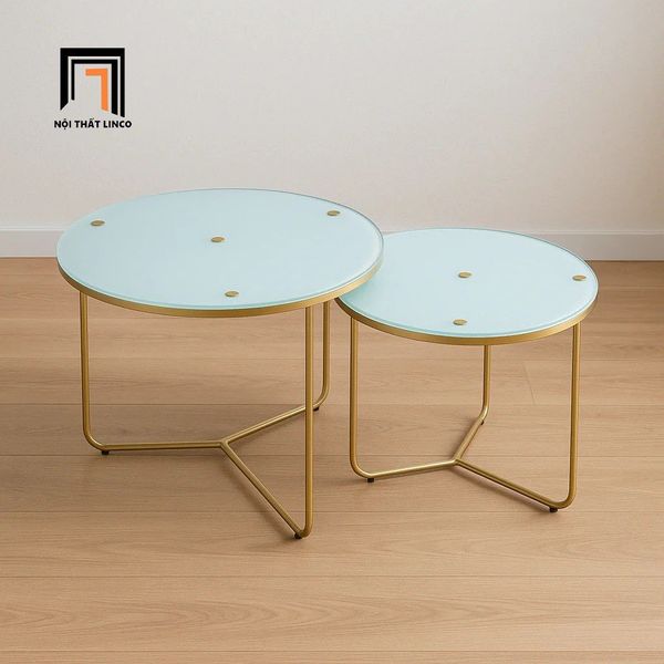 cặp bàn sofa phòng khách kính cường lực, cặp bàn sofa đôi khung chân sắt vàng