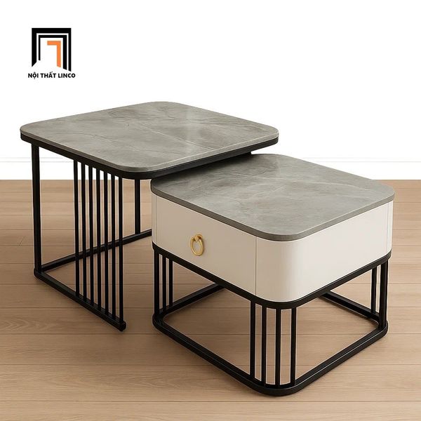cặp bàn sofa vuông mặt đá xám khung chân inox, cặp 2 bàn trà mặt đá