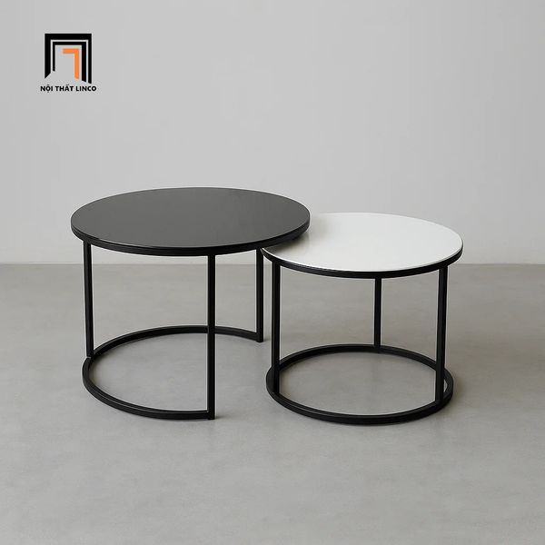 cặp 2 bàn kính tròn đen trắng, cặp bàn sofa phòng khách gia đình nhỏ gọn