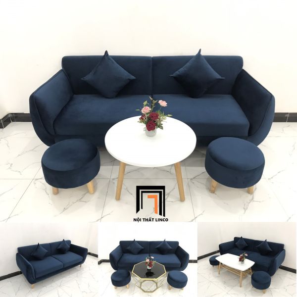 bộ ghế sofa băng phòng khách màu xanh đậm vải nhung, bộ ghế sofa nhỏ gọn 1m9 giá rẻ