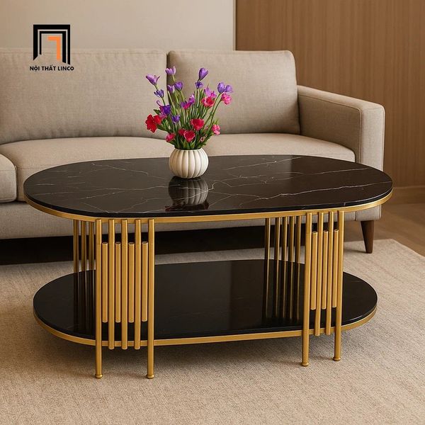 bàn sofa phòng khách hình oval kính giả đá 1m x 50, bàn trà mặt kính cường lực 2 tầng