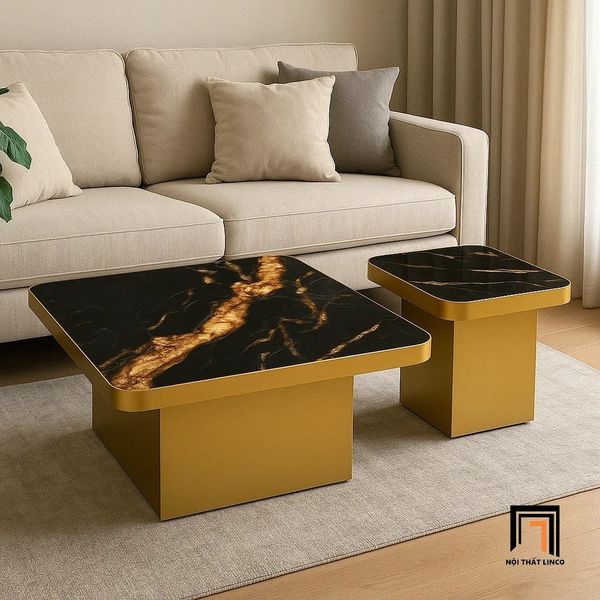 cặp 2 bàn trà phòng khách cao cấp, cặp bàn sofa vuông mặt kính giả đá sang trọng