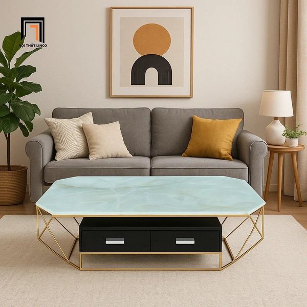 bàn sofa phòng khách lục giác kính giả đá, bàn sofa 1m x 50 giá rẻ