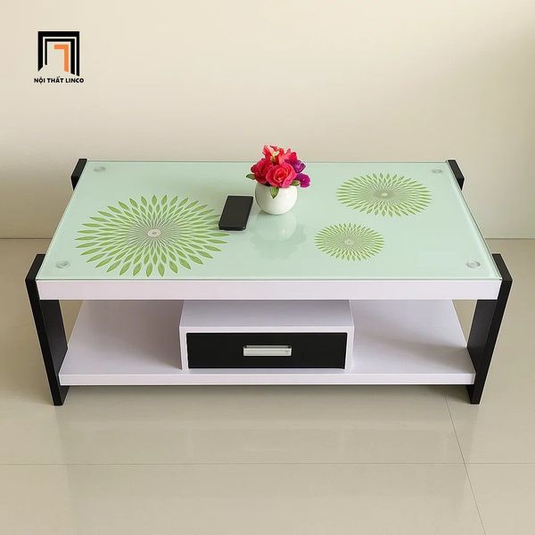 bàn sofa phòng khách chữ nhật 1m x 50, bàn trà mặt kính in hoa có hộc kéo nhỏ