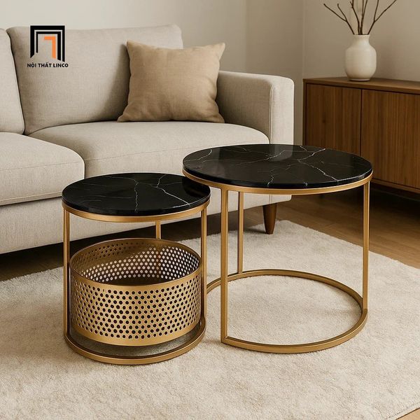 cặp bàn trà phòng khách mặt đá đen khung chân sắt vàng, cặp 2 bàn sofa giá rẻ