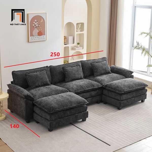 bộ ghế sofa chữ U vải nỉ xám than dài 2m5, sofa chữ U nhỏ cao cấp cho phòng khách