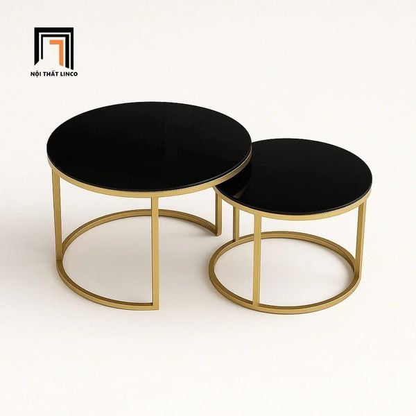 cặp bàn sofa phòng khách mặt kính đen, cặp 2 bàn sofa khung chân sắt vàng