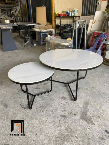 cặp bàn trà mặt đá đen hình tròn, cặp bàn sofa phòng khách giá rẻ cho phòng nhỏ