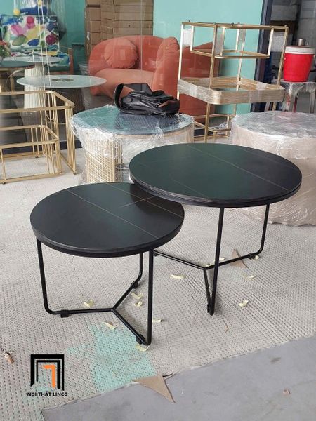 cặp bàn trà mặt đá đen hình tròn, cặp bàn sofa phòng khách giá rẻ cho phòng nhỏ
