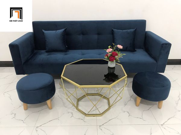 bộ ghế sofa giường nằm dài 2m, ghế sofa băng giường gấp gọn màu xanh đậm, ghế sofa giường vải nhung