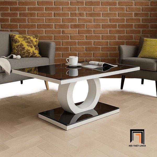 bàn sofa phòng khách khung chữ O, bàn sofa mặt kính đen 2 tầng sang trọng