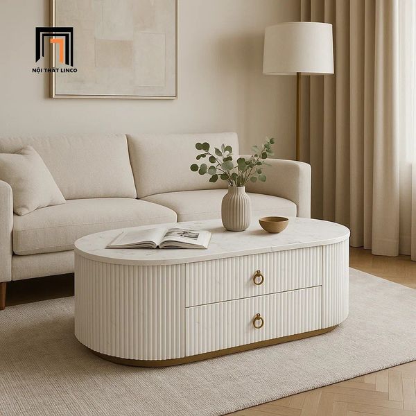 bàn trà mặt đá oval trắng hộc kéo 2 tầng, bàn sofa 1m x 50 cho gia đình xinh xắn