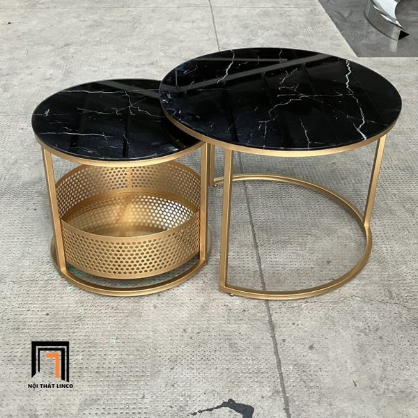 cặp bàn trà phòng khách mặt đá đen khung chân sắt vàng, cặp 2 bàn sofa giá rẻ