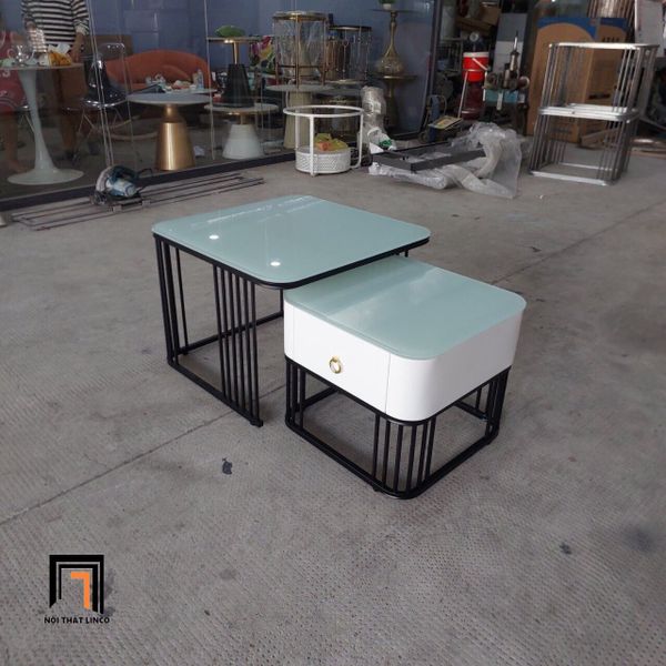 cặp bàn sofa phòng khách vuông nhỏ gọn, cặp 2 bàn trà giá rẻ kính cường lực