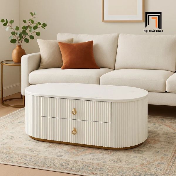 bàn trà mặt đá oval trắng hộc kéo 2 tầng, bàn sofa 1m x 50 cho gia đình xinh xắn