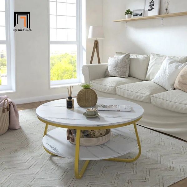 bàn sofa hình tròn 70cm mặt đá 2 tầng, bàn trà xinh xắn cho shop tiệm