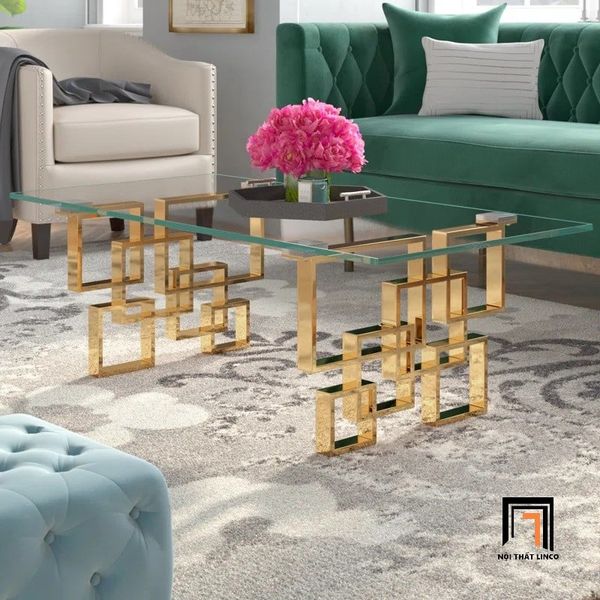 bàn sofa phòng khách kính cường lực 1m x 50, bàn trà khung chân sắt vàng sang trọng