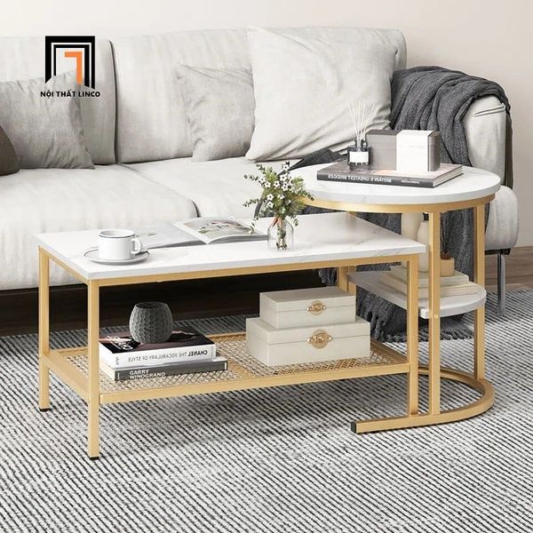 cặp 2 bàn sofa phòng khách gia đình, cặp bàn trà mặt đá khung sắt xinh xắn