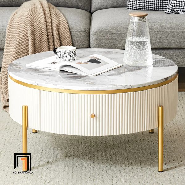 bàn sofa mặt đá tròn 60 hộc kéo xinh xắn, bàn sofa khung chân inox