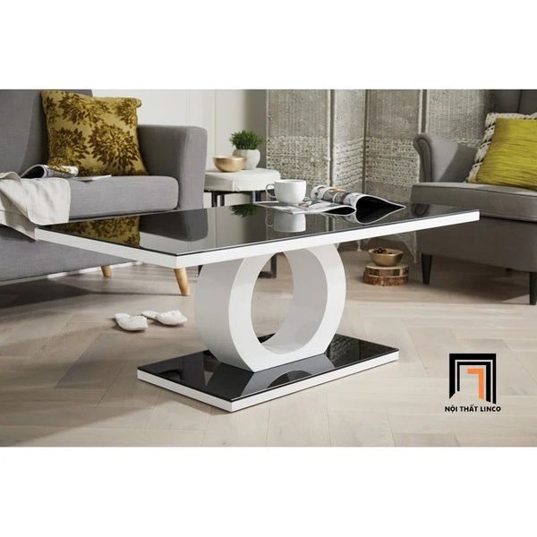 bàn sofa phòng khách khung chữ O, bàn sofa mặt kính đen 2 tầng sang trọng