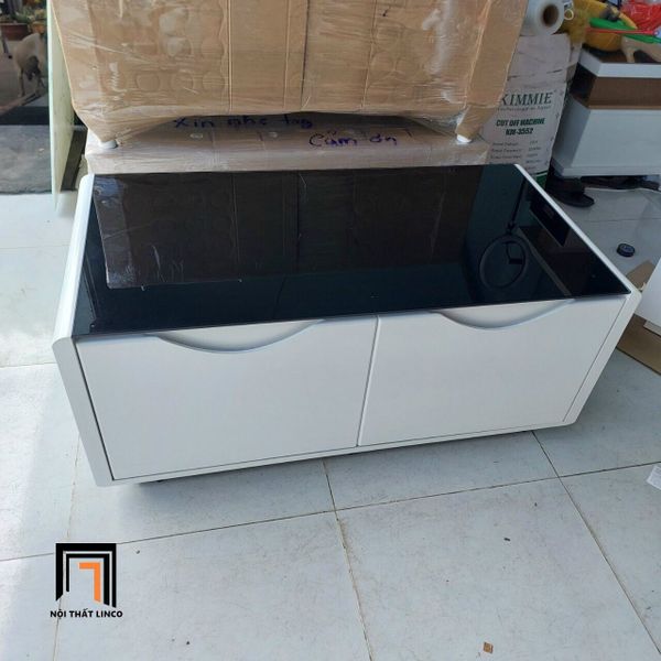 bàn sofa hình hộp chữ nhật mặt kính đen 1m x 55, bàn sofa mặt kính đen khung ván trắng