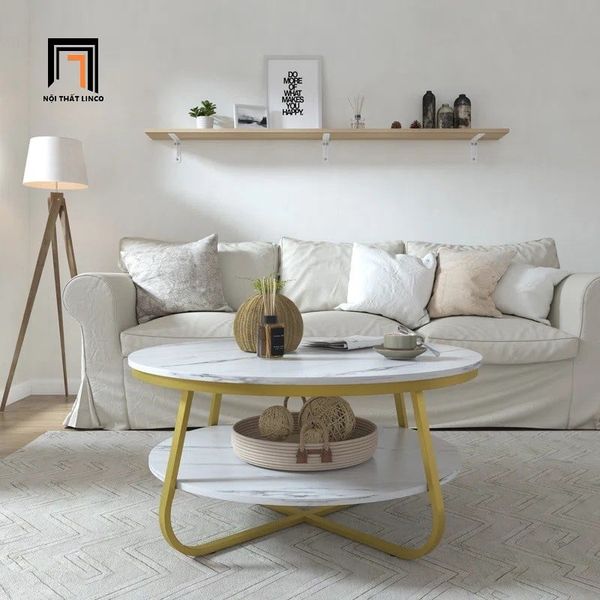bàn sofa hình tròn 70cm mặt đá 2 tầng, bàn trà xinh xắn cho shop tiệm