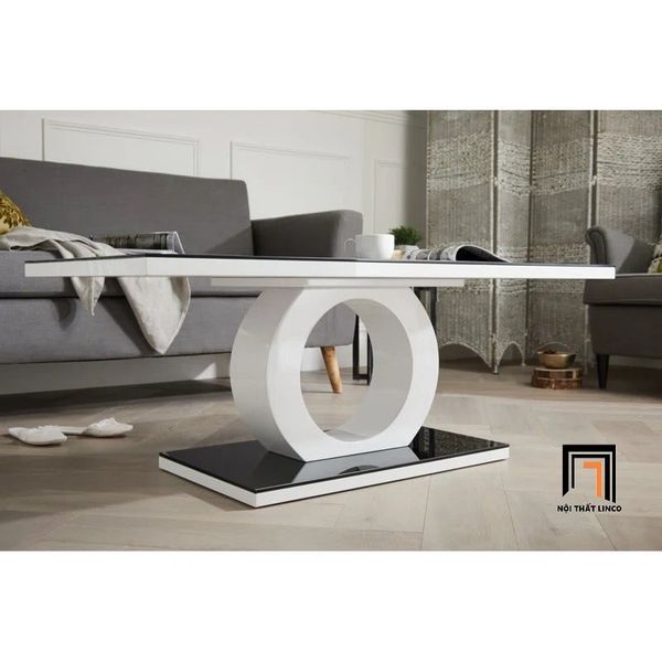 bàn sofa phòng khách khung chữ O, bàn sofa mặt kính đen 2 tầng sang trọng