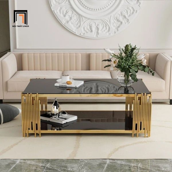 bàn sofa kính cường lực đen 2 tầng 1m x 50, bàn sofa khung sắt vàng