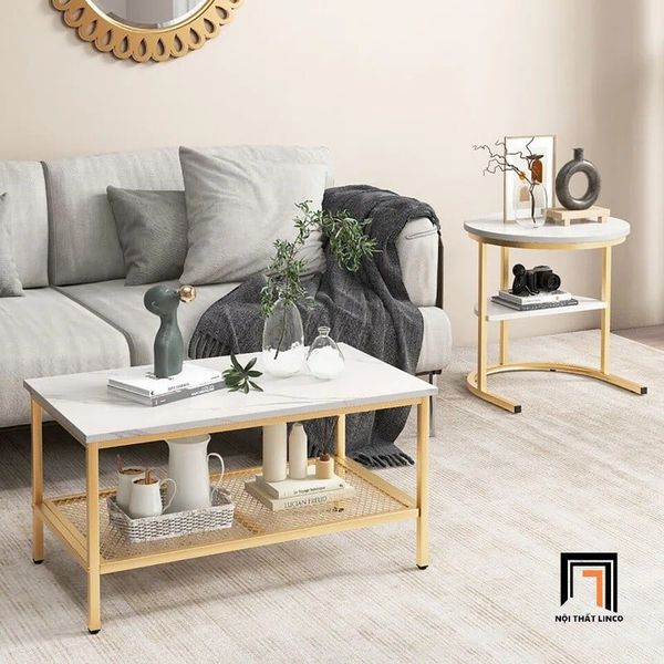cặp 2 bàn sofa phòng khách gia đình, cặp bàn trà mặt đá khung sắt xinh xắn