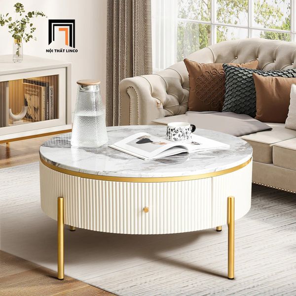 bàn sofa mặt đá tròn 60 hộc kéo xinh xắn, bàn sofa khung chân inox