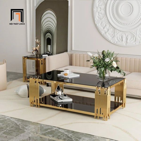 bàn sofa kính cường lực đen 2 tầng 1m x 50, bàn sofa khung sắt vàng