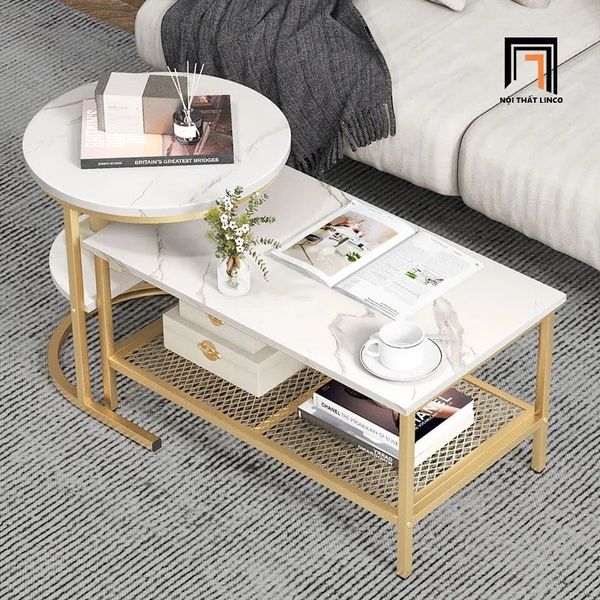 cặp 2 bàn sofa phòng khách gia đình, cặp bàn trà mặt đá khung sắt xinh xắn