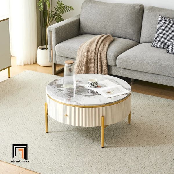 bàn sofa mặt đá tròn 60 hộc kéo xinh xắn, bàn sofa khung chân inox