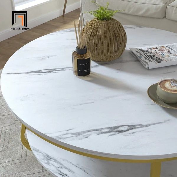 bàn sofa hình tròn 70cm mặt đá 2 tầng, bàn trà xinh xắn cho shop tiệm