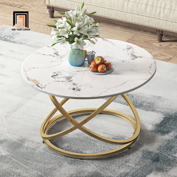 bàn trà mặt đá tròn xinh xắn, bàn trà 60cm khung chân sắt uốn cong