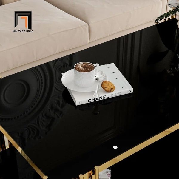 bàn sofa kính cường lực đen 2 tầng 1m x 50, bàn sofa khung sắt vàng