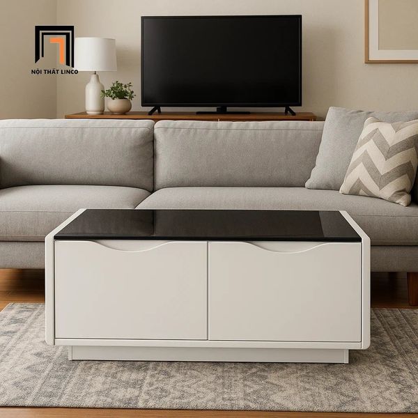 bàn sofa hình hộp chữ nhật mặt kính đen 1m x 55, bàn sofa mặt kính đen khung ván trắng