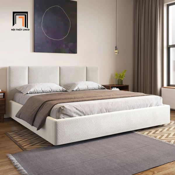 giường ngủ, giường, giường ngủ vải lông cừu trắng kem, giường ngủ xinh xắn, giường ngủ gia đình 1m6 x 2m