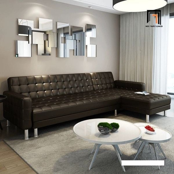 bộ ghế sofa góc L giật lún giá rẻ, sofa góc chữ L 2m55 x 1m5 da giả bóng nâu đậm