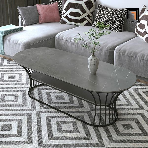 bàn sofa phòng khách oval mặt đá xám, bàn sofa 1m x 50 xinh xắn cho gia đình