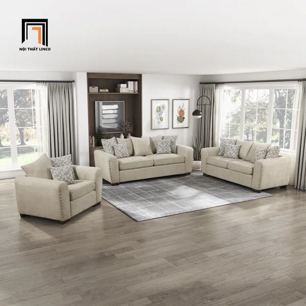 bộ ghế sofa đính nút đồng nổi, set ghế sofa phòng khách vải bố màu ghi