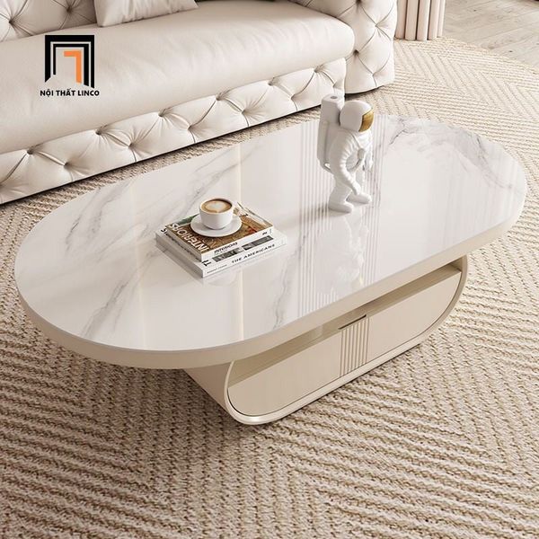 bàn sofa phòng khách oval mặt đá trắng, bàn sofa 1m1 x 60 kiểu cong đẹp