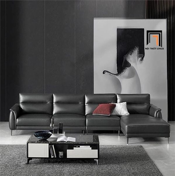 bộ ghế sofa góc da bóng đen, sofa góc L 3m x 1m6 phòng khách sang trọng