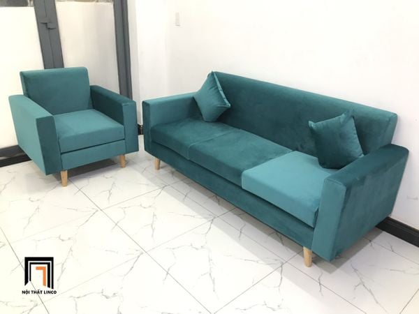 bộ ghế sofa phòng khách giá rẻ, set ghế sofa văn phòng màu xanh lá vải nhung xinh xắn