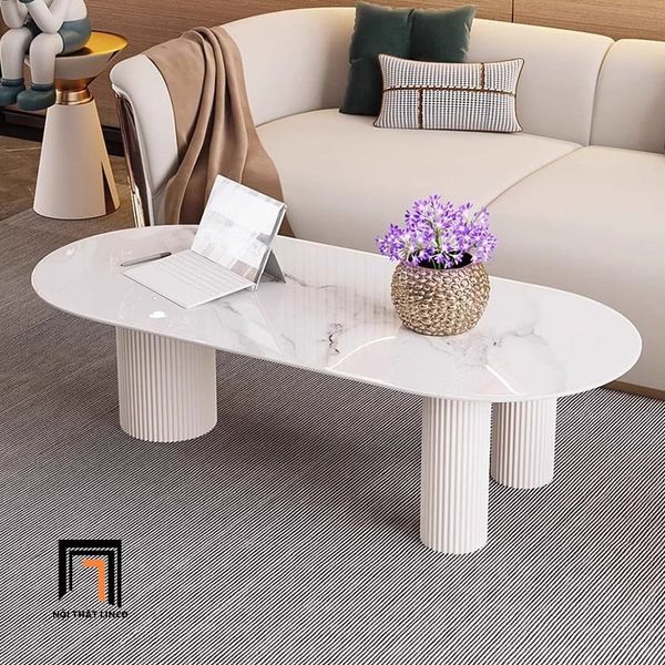 bàn sofa hình oval đá ceramic trắng xinh xắn, bàn sofa màu trắng 1m1 x 50 cho shop tiệm