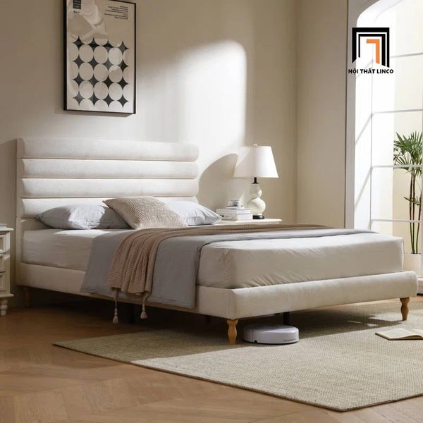 giường, giường ngủ vải nỉ màu be, giường ngủ 1m6 x 2m, giường ngủ xinh xắn, giường ngủ bọc nệm
