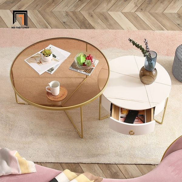 cặp bàn sofa phòng khách chung cư đẹp, cặp 2 bàn tròn hộc kéo xinh xắn