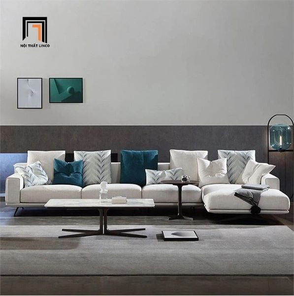 bộ ghế sofa góc L phòng khách lớn 3m x 1m6, sofa góc L xám trắng vải nỉ hiện đại